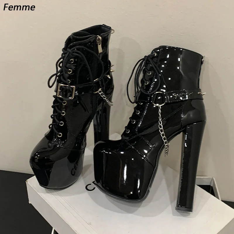 "Artisan Crafted Black Patent Leather Boots with Chunky Heel and Chain Details - Edgy Alternative  Ladies US Plus Size 35-45
