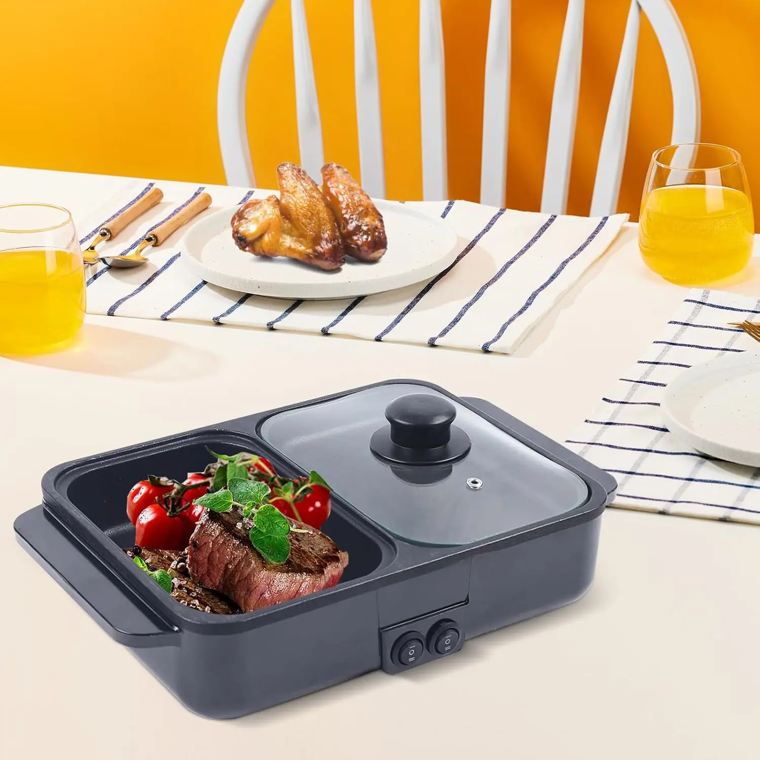 

Горячая кастрюля с грилем, электрическая кастрюля и сковорода, 2 в 1, внутренняя антипригарная кастрюля Шабу Шабу и сковорода, быстрый нагрев для барбекю