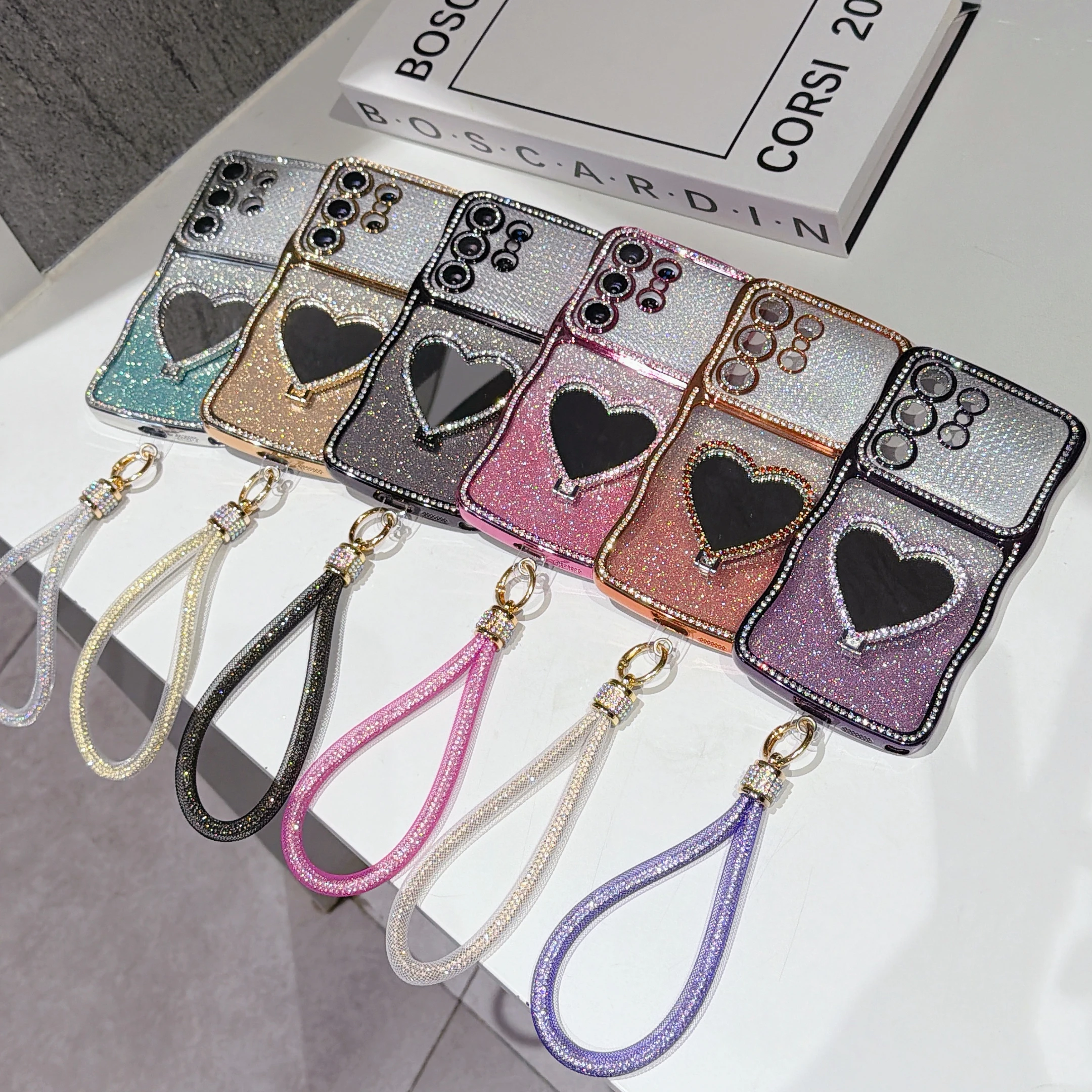 Gradient Glitter Rhinestone Phone Case For Samsung Galaxy S26 Ultra S25 S24 Plus Heart-shaped Mirror Stand Strap Bling Cover view 5