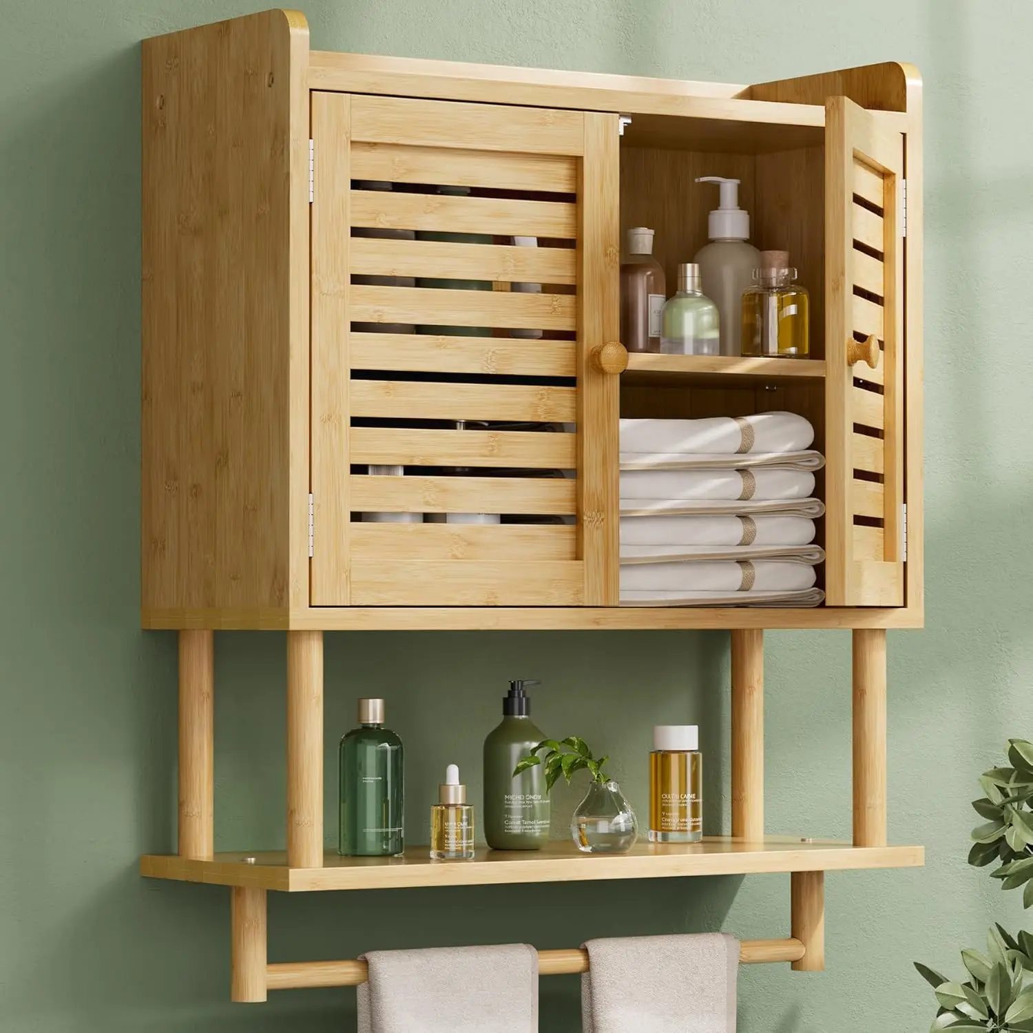

Bathroom Wall Cabinets, Large Bamboo Medicine Cabinets with Towel Bar, Hanging Over Toilet Storage Organizer, Customized