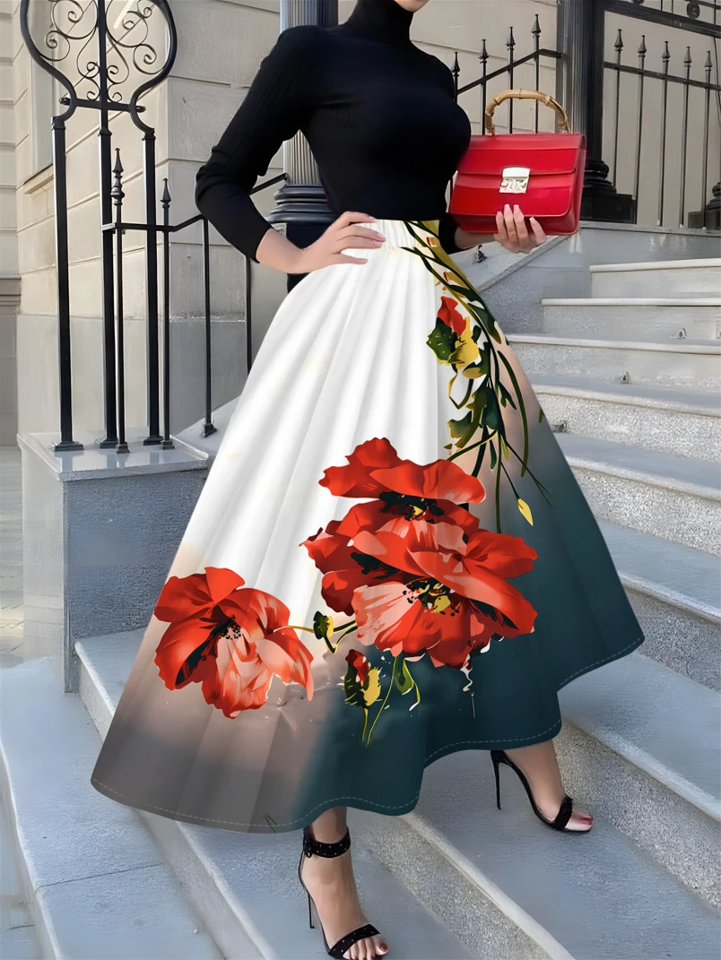 Printed Design Four Seasons Casual Style Red Flower Gradient Printed Half Skirt