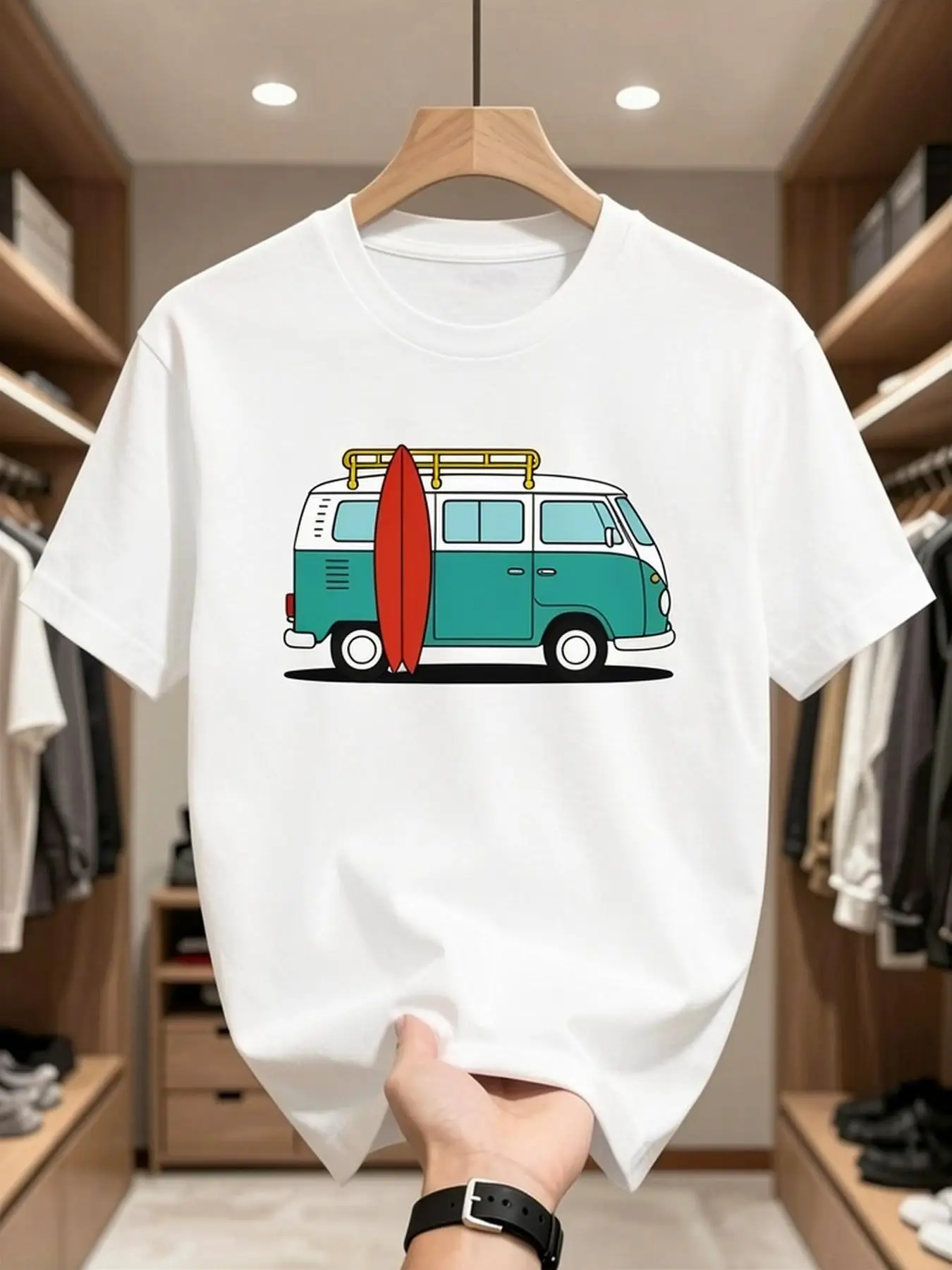 Men'S Surf And Vintage Van Graphic Tee - Retro Camper Van with Red Surfboard Design Print, Casual Short Sleeve Fashion T-Shirt for Summer, Beachwear Vintage Van Print Slight Stretch Fabric