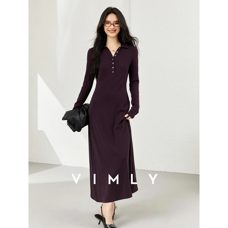 

VIMLY Purple Polo Collar Dresses Women's Autumn Elegant 2025 Long Sleeve Dress Slim Button Knitted Dress Female Clothing A1975