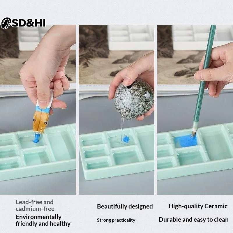 Ceramic Square Multi Grid Palette Watercolor Oil Paint Tray Portable Adult Beginner Art Supplies Jingdezhen Firing