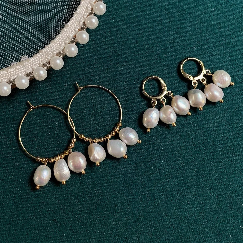 Real Natural Freshwater Pearl Hoop Earrings for Women Irregular Baroque Pearl Tassel Stainless Steel Huggie Ear Loop Earring