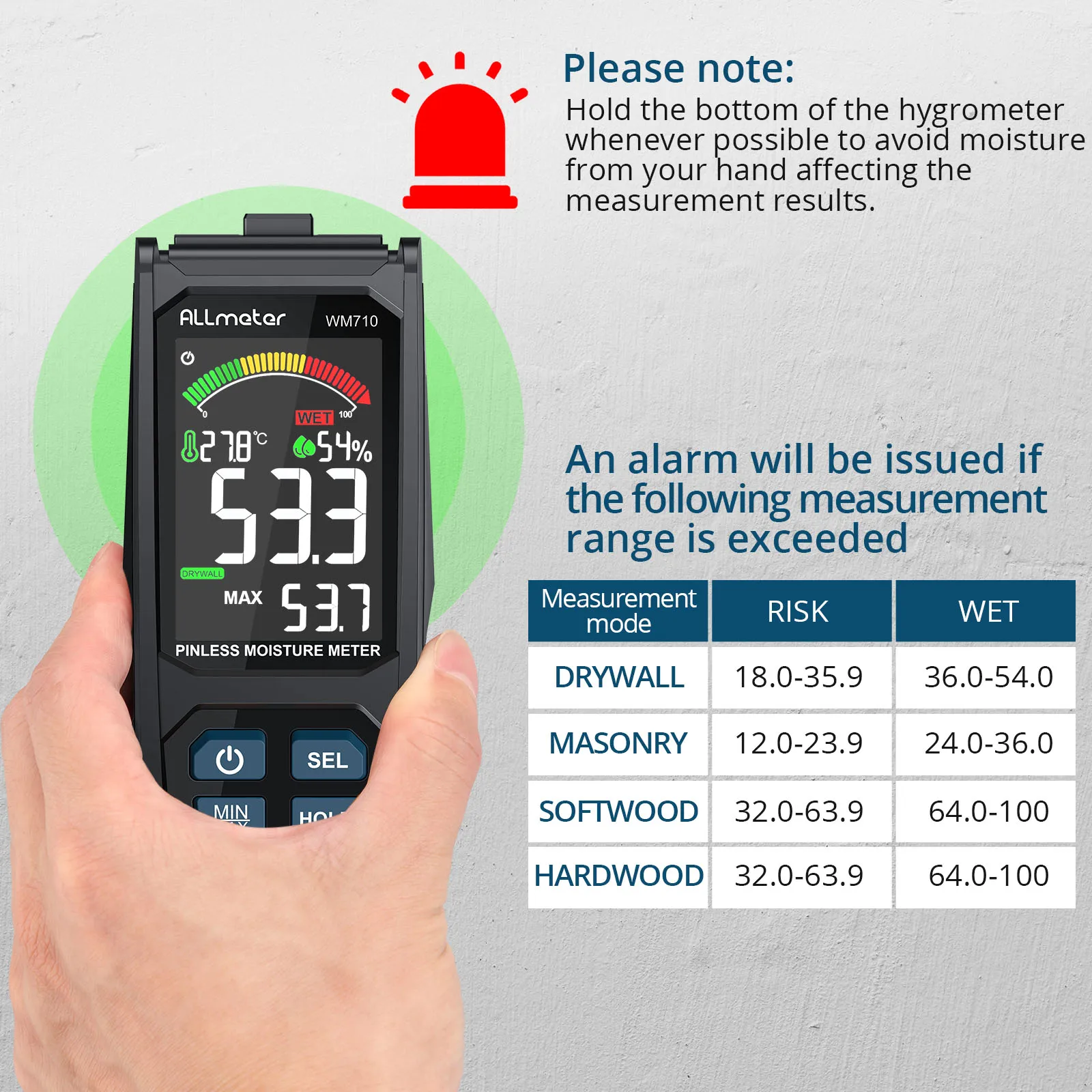 ALLmeter Large Backlit Pinless Moisture Meter 20-40mm Analysis Depth With Colour LCD Alarm Function Hold Function Moisture Meter