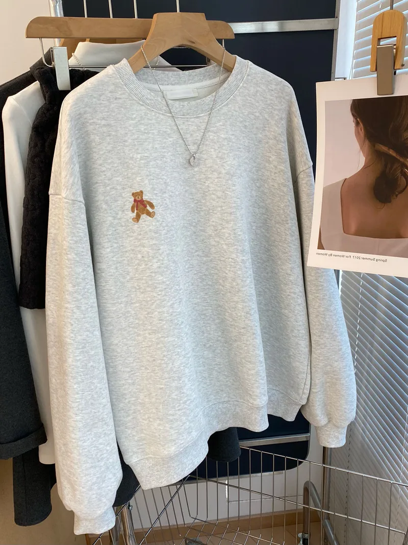 

Vintage Korean Sle round Ne Bear Print Sweatirt Women's Casual Loose Fit Long Sve Top for Spring Autumn