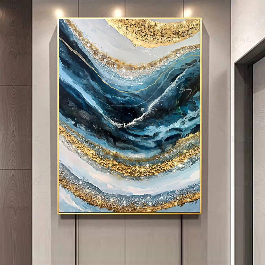 Modern Abstract Mural Poster Luxury Pink Blue Gold Crystal Wall Art Canvas Painting Living Room Home Wall Decoration Cuadros