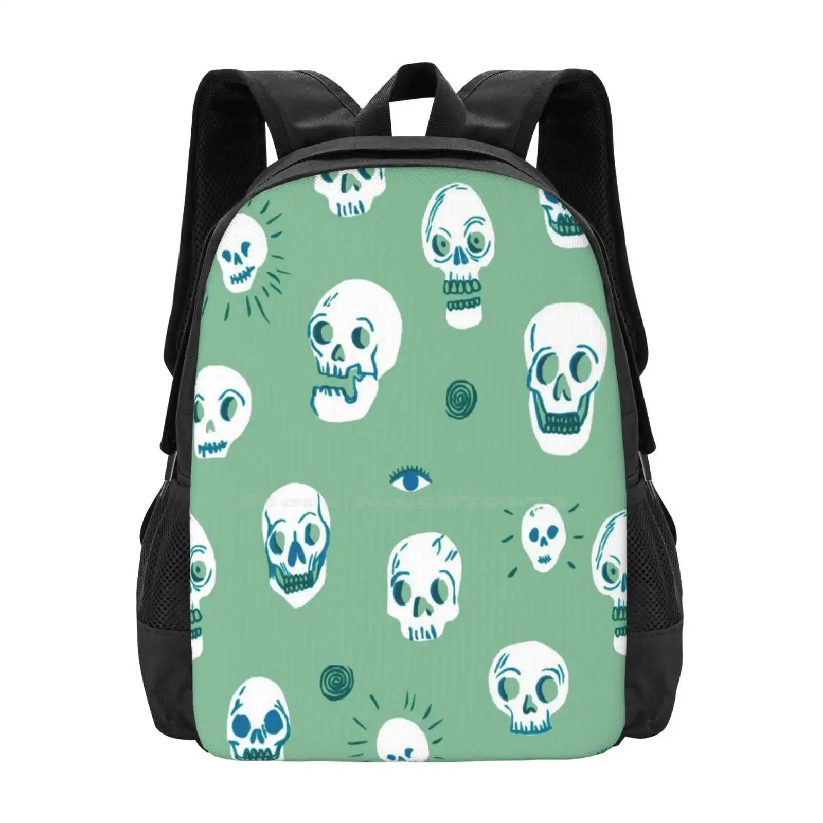 Pattern Of Skulls Bag Backpack For Men Women Girls Teenage Pattern Skulls Halloween Dark Green White Marker Rough Scare Scary