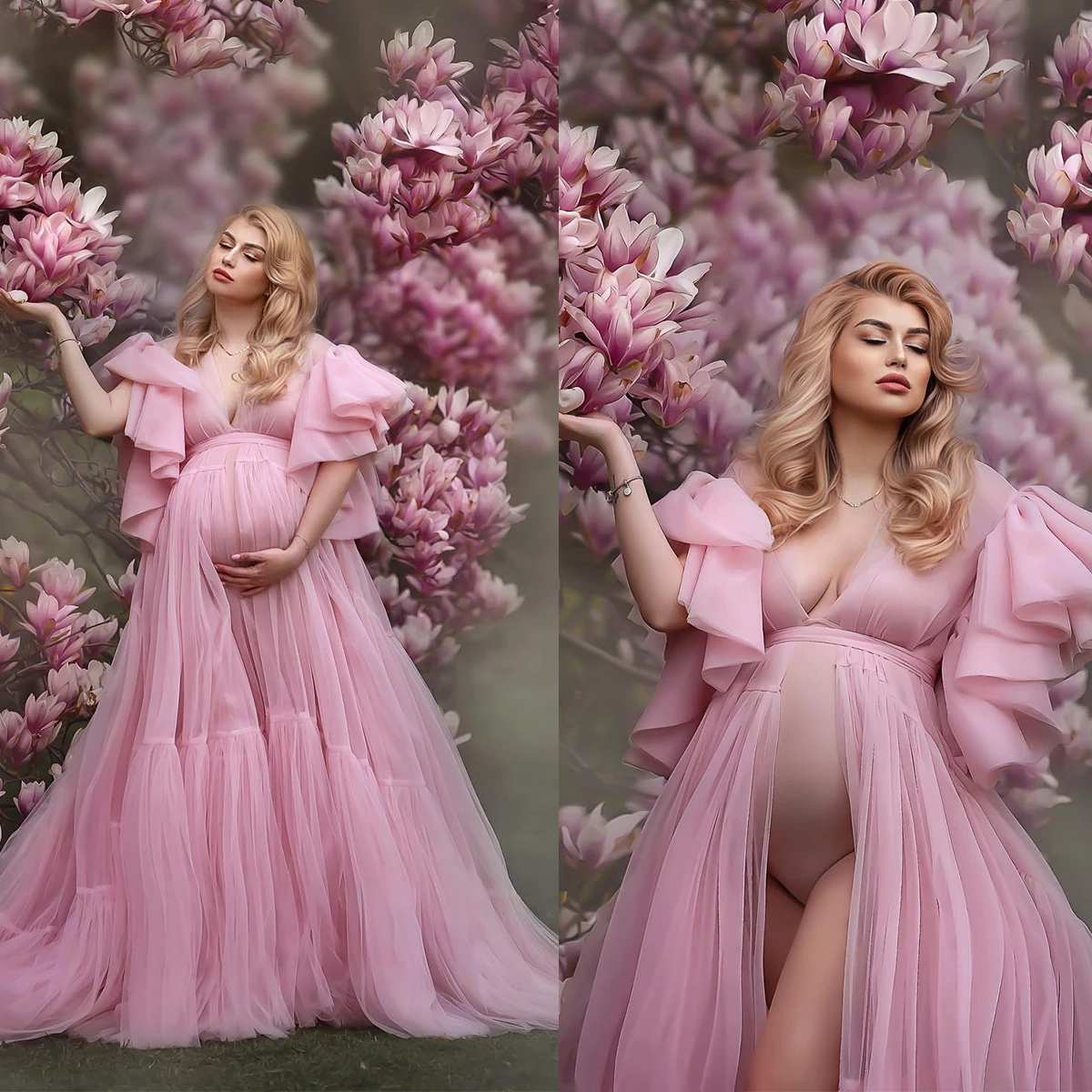 Unique Prom Dresses for Photo Shoot or Baby Shower Tulle Maternity Robes V Neck Short Sleeve Women Photoshoot Fluffy Tiered Gown