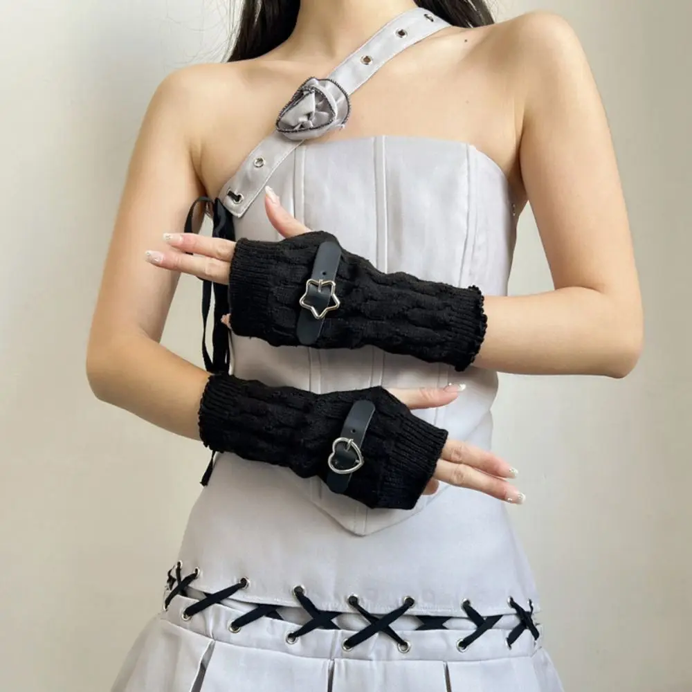 

Elastic Y2K Warm Sleeves Star Chain Knitted Arm Warmers Leather Buckle Long Mittens Fingerless Gloves Clothing Accessories
