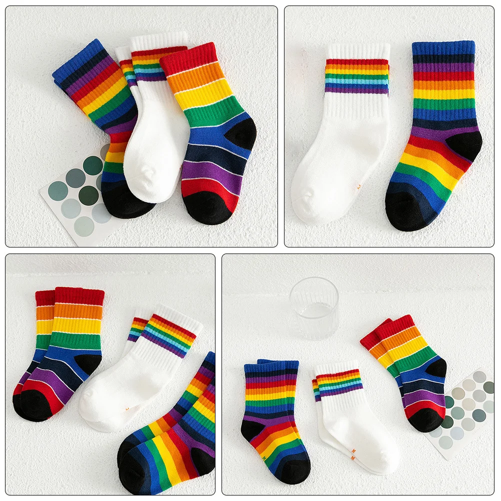 

3Pairs Children Cotton Socks Mid-Calf Length Bright Rainbow Stripes Soft Breathable Socks Kids Mid-Calf Length Sock