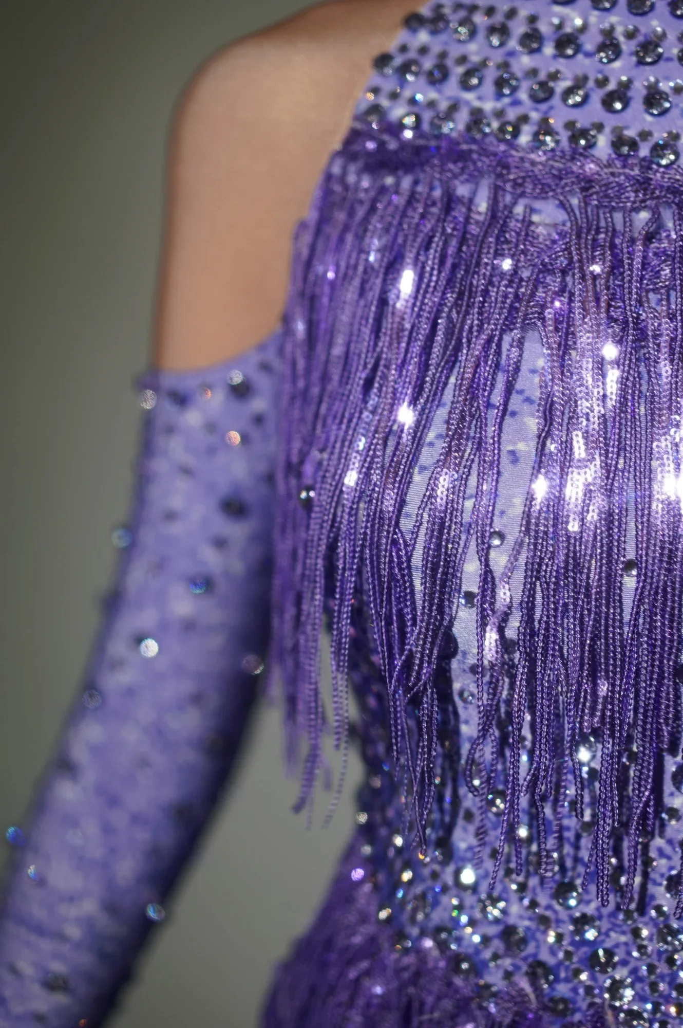 Mono con borlas y diamantes de imitación brillantes para mujer, traje de baile de Jazz de LICRA de manga larga para actuación en escenario Sexy
