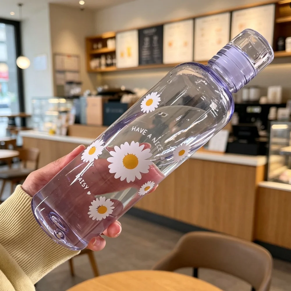 500ML Clear Straight Sip Water Bottle with Bow, Heart & Daisy Prints, Minimalist Large Capacity Leakproof Reusable Cup for Ice D - view 4