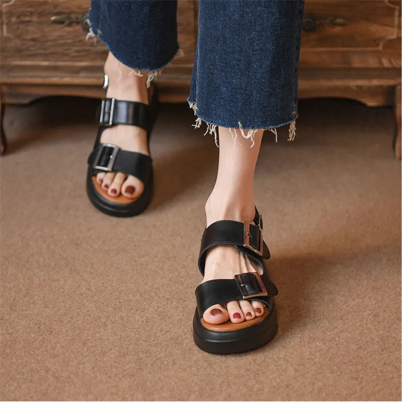 MORAZORA 2024 New Solid Flat With Heels Shoes Buckle Genuine Leather Sandals Women Summer Ladies Casual Platform Shoes