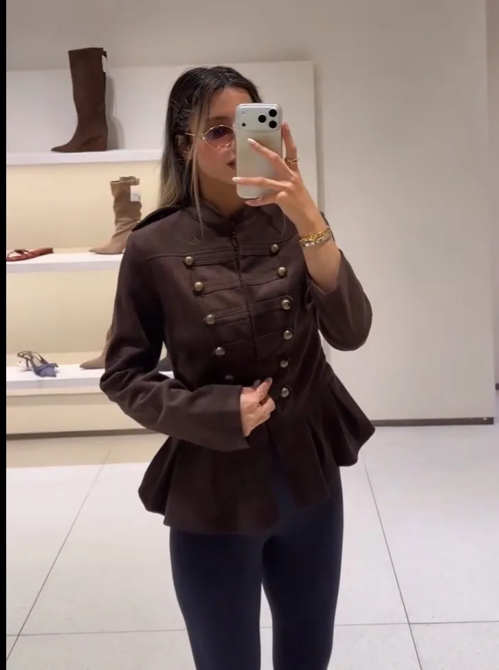 Women Dark Brown Faux Suede Jacket Female Stand Collar Double Row Metal Buttons Peplum Hem Vintage Coats Military Outerwear