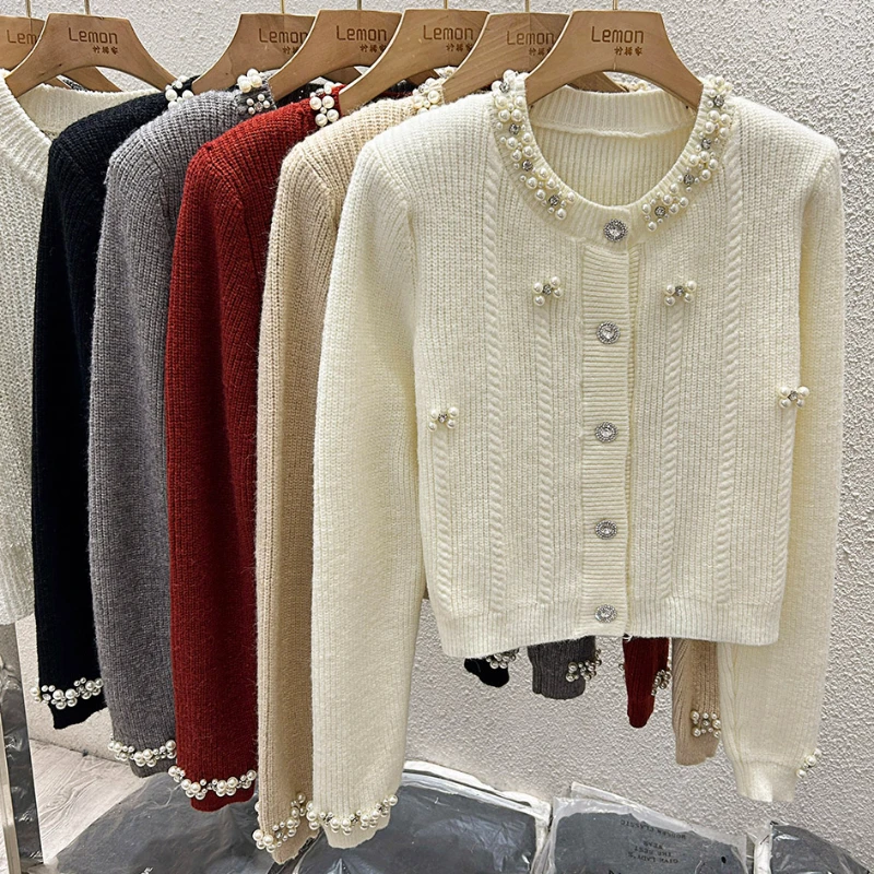 Women Pearl Beaded Elegant Knit Cardigan Sweater Autumn French Cashmere Thicken Long Sleeve Coat Top Fashion Chic Ladies Jumper