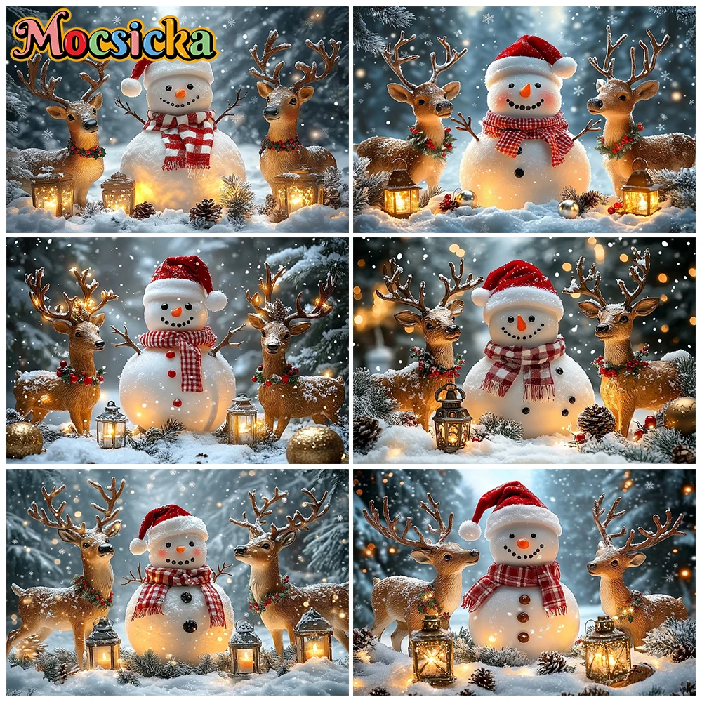 Mocsicka Christmas Snowman Reindeer Photography Backdrop Winter Snowy Lantern Background Portrait Santa Hat Photo Studio Props