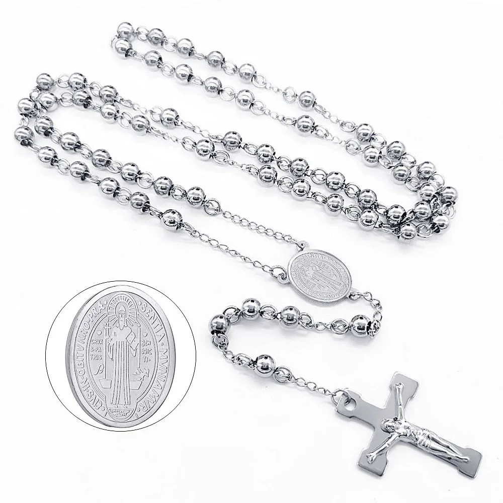 FIREBROS 6mm Beads Long Chain Catholic Rosary Necklace Stainless Steel Jesus Crucifix Cross Pendant Men Women Religious Jewelry