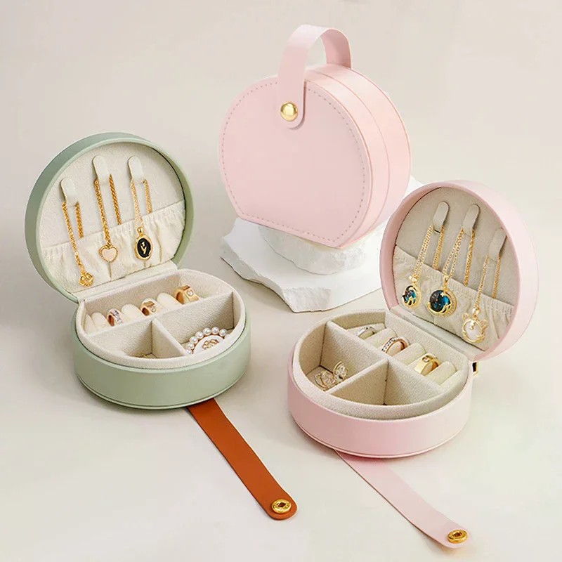 

Portable Round Jewelry Box Mini Pu Leather Case For Rings Earrings Necklaces