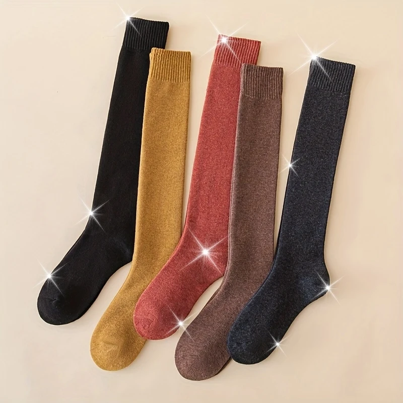 

5 Pairs of Winter Warm and Plush Thick Women's Classic Solid Color Calf Socks Soft and Comfortable Home Floor Sleeping Socks
