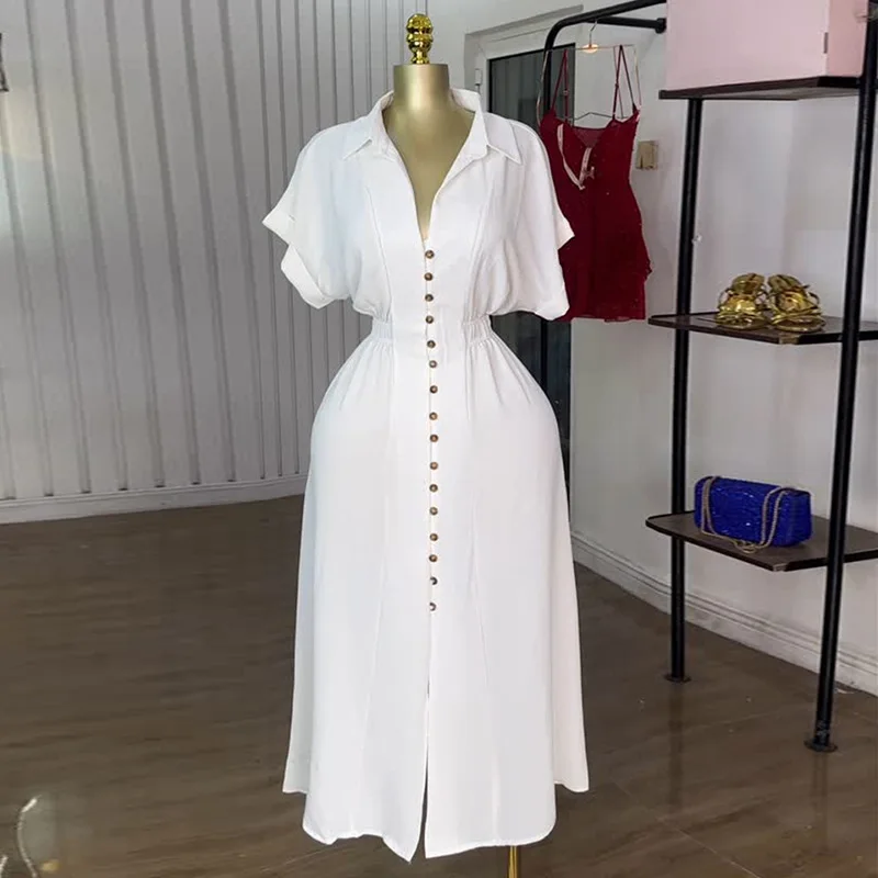 

White Dress Women Long Dresses A Line Vestidos Turn Down Collar Short Sleeve Elegant Splice Y2k Streetwear Work High Waist 2025