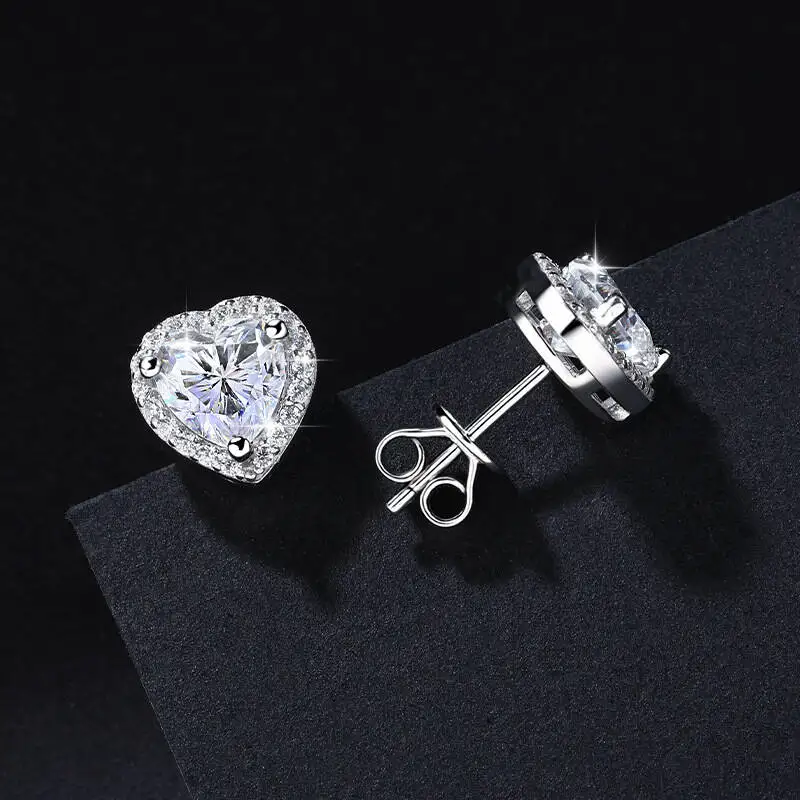 

SG 925 Silver Moissanite Stud Earrings For Women Sparkling Classic Wedding Lab Diamond Earring Pure Heart Stud Earrings