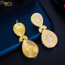 Pera Luxury Micro Full Sparkling CZ Pave Dubai Gold Colour Long Water Drop Dangle Earrings for Bridal Wedding Party Jewelry E320