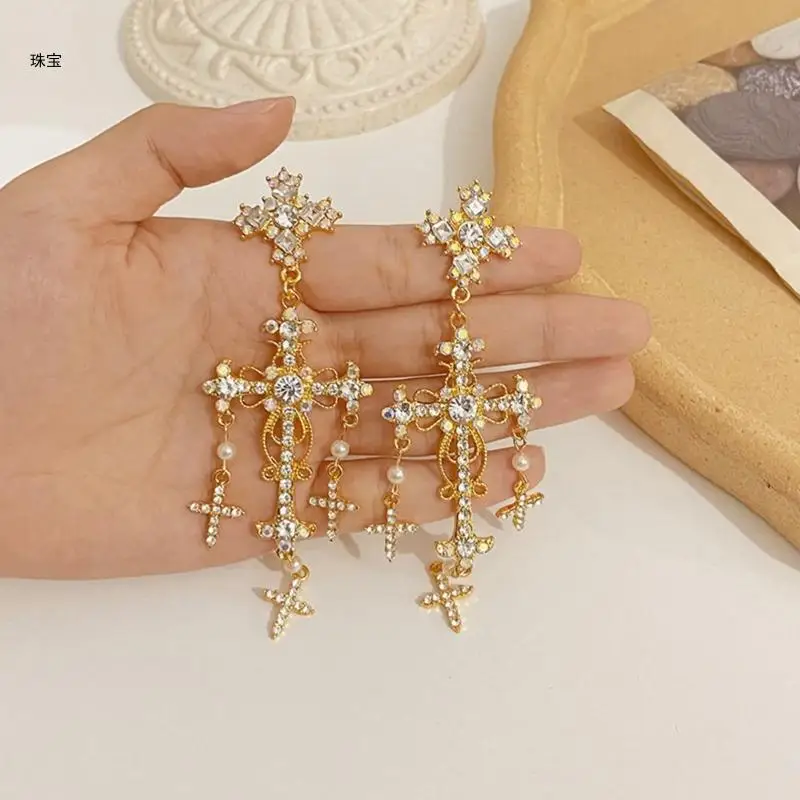 

X5QE Rhinestones Gold Silver Pearls Bride Temperament Korean Earrings for Women Girls