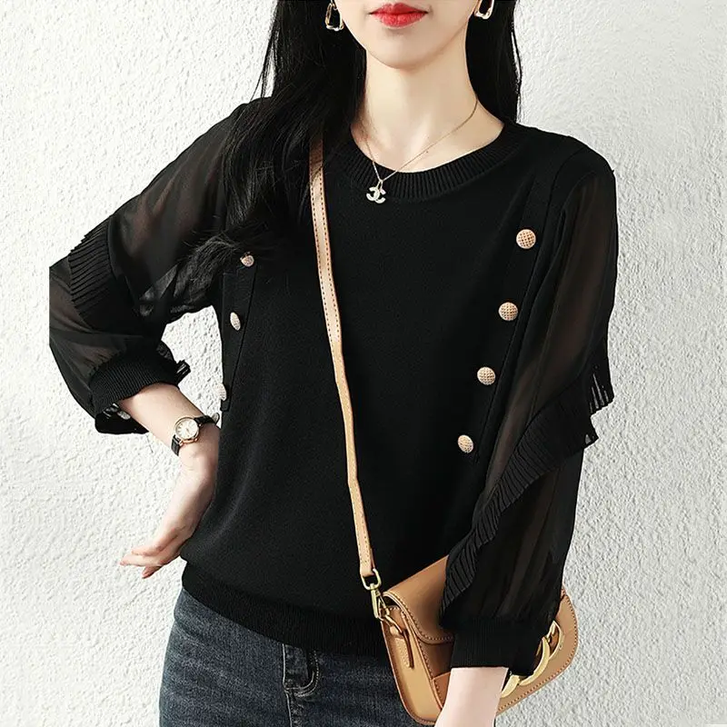 Korean Gauze Patchwork Blouse 3/4 Sleeve Women\'s Clothing Commute Solid Color O-Neck Spring Autumn Button Basic Knitted Shirt