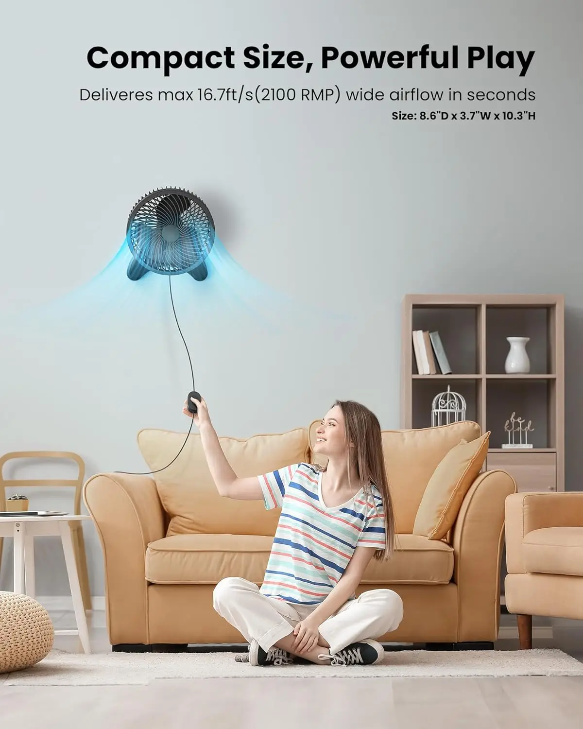 Koonie Wall Mount Fan,Quiet pequeno ventilador de parede com temporizador, 8 ", 8.2ft com fio remoto, 80 ° oscilação, 100 ° ajustável, 3 velocidades de alta velocidade