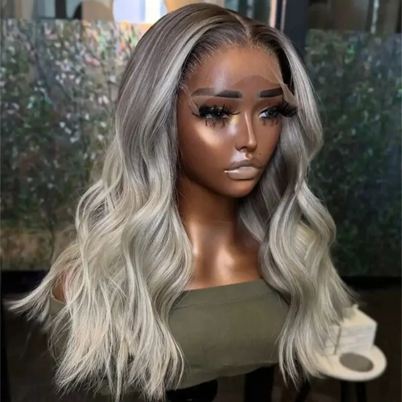 

Good Quality Wig Ombre Icy White Blonde Balayage Lace Front Wig with Dark Roots Daily Use Wig for Women Natural Looking Wave Bob