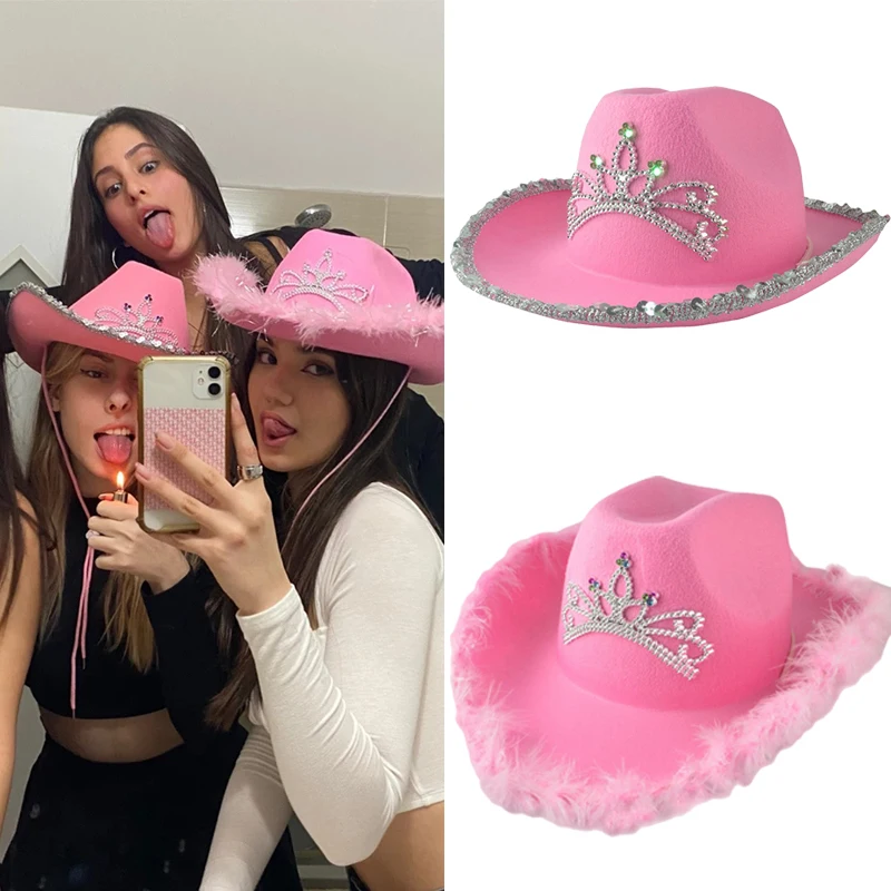 2021 Pink Feather Cowboy Cowgirl Hat Western Tiara Hat for Women Girl Tiara Cowgirl Hat Cowboy Cap Wide Brim Costume Party Hats