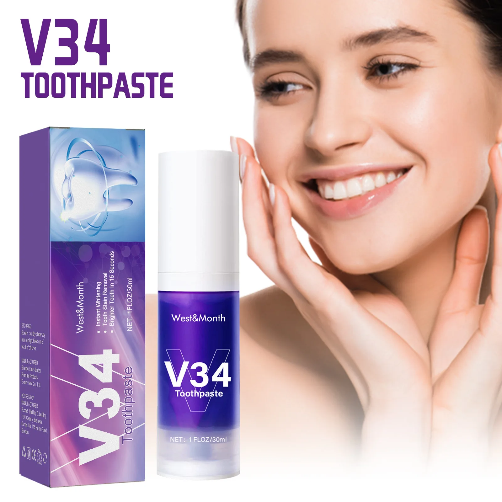 V34 Removal Plaque Stain Purple Corrector Teeth Whitening Toothpaste Enamel Care Reduce Yellowing Oral Clean Care Beauty Health