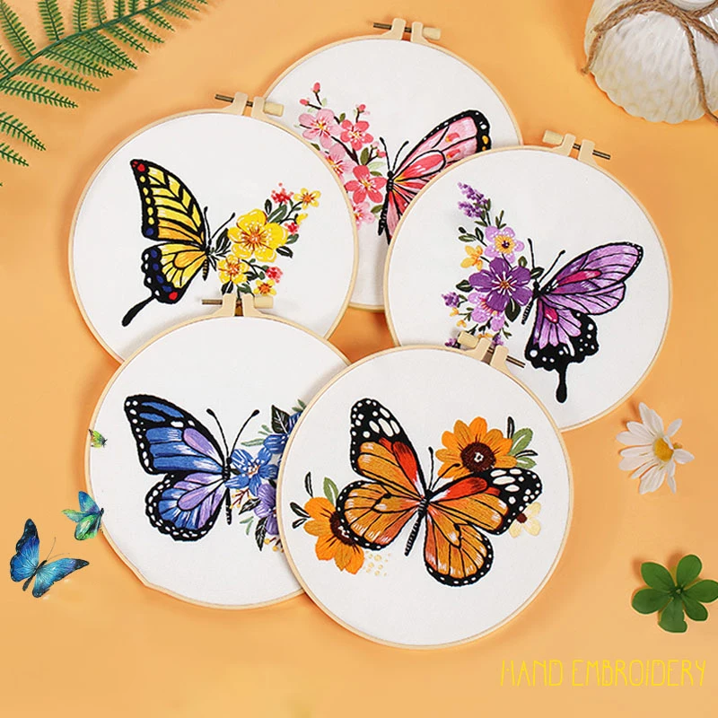 Batterfly DIY Embroidery Kit Flower Printed Pattern for Beginner Cross Stitch Set Needlework Hoop Handmade Sewing Art Craft Kit