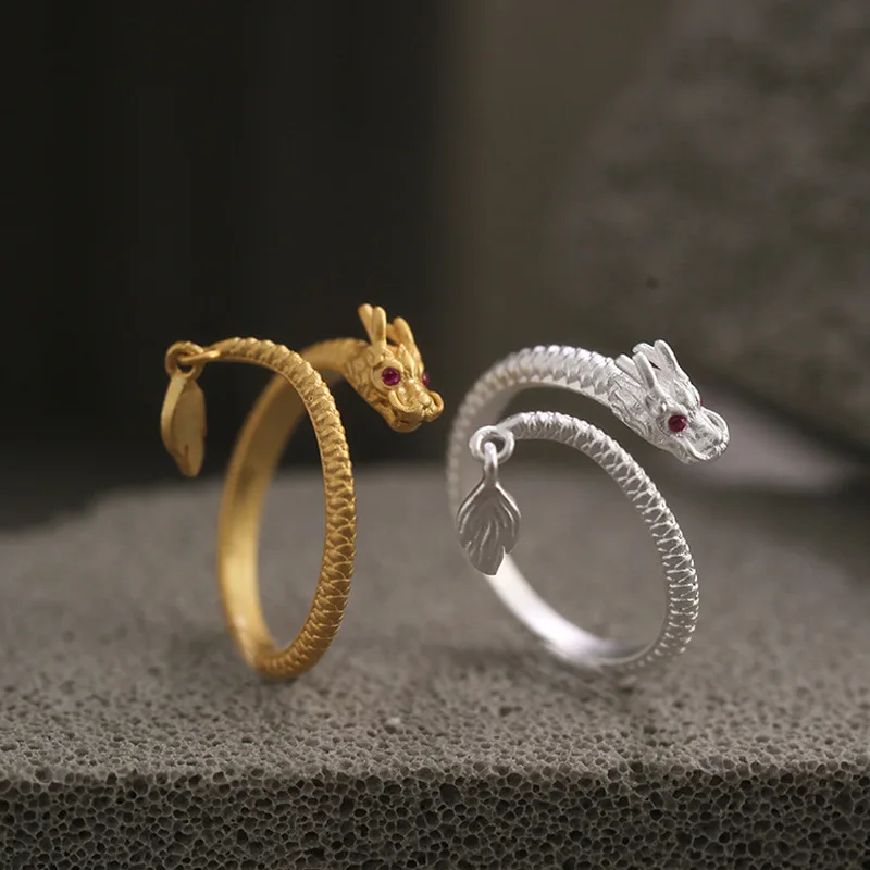 Women's Long Dragon Ring with Red Zircon