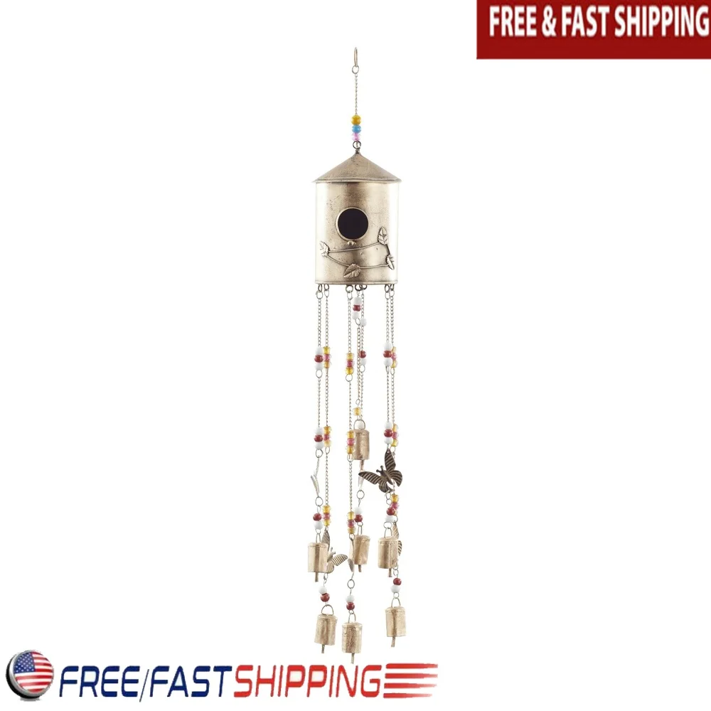 

32 Inch Bronze Metal Birdhouse Windchime with Glass Beads Bells Rustic Outdoor Indoor Decor Relaxing Sounds
