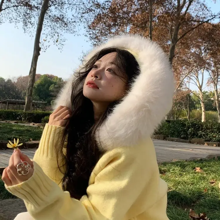 Loose Women's Dopaamine Sweater with Fur Collar Knitted Outerwear Soft Cozy Autumn New Style Casual Boring Style Top