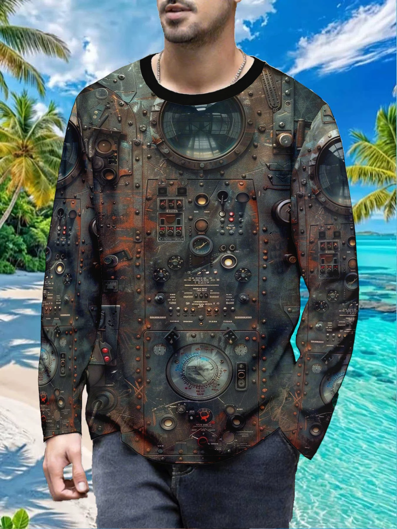 Vintage Industrial Control Panel Retro Mechanical Mens Polyester Long Sleeve T Shirt Steampunk Rusty Metal Gauge Print Graphic T