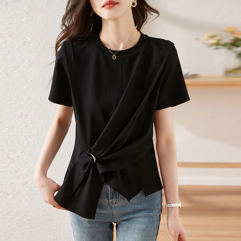 

Camisas De Mujer Women Blouse Shirt New Summer Unique Slim Short Sleeve O-Neck Black Blouse Shirt Women Tops Blouses 2026 Q4100