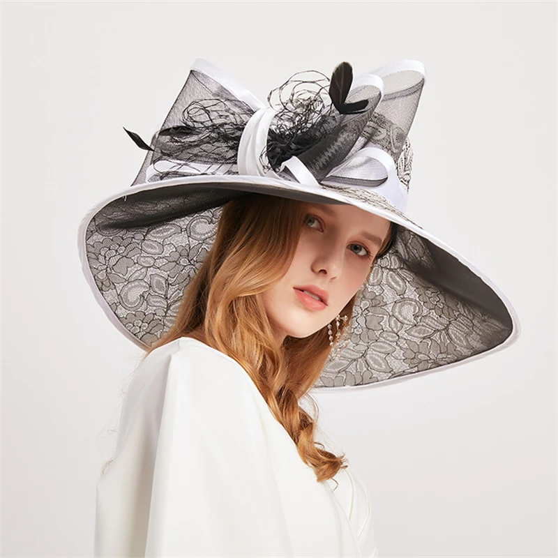 

Summer Women Organza Wide Brim Sun Hats Ladies Wedding Church Party Elegant Bowknot Fedoras Hat Kentucky Derby Accessories