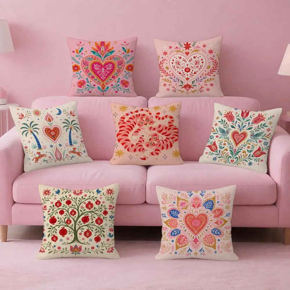 Art Cute Cartoon Flowers Fashion Art Cushion Cover Pink Linen Texture Cushion Cover Double Sided Invisible Zipper Deco