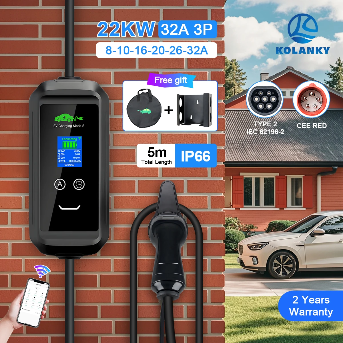 Kolanky 32A 22KW EV Charger Timer Tuya App Wifi Type 2 IEC-62169 Charging Wall box EU Electric Vehicle Hybrid Cars Total 5M