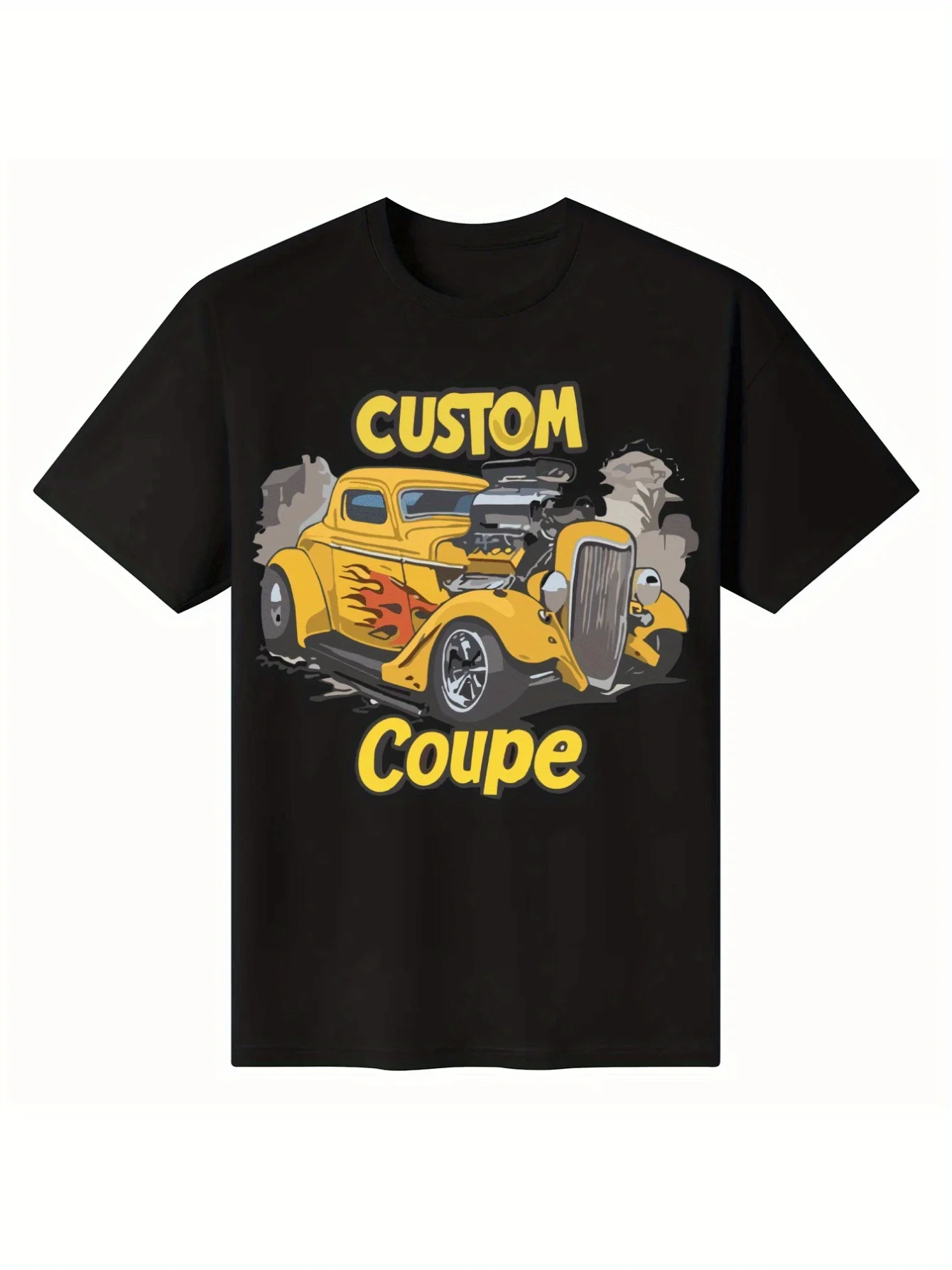 Vintage Men's Black Graphic T-Shirt Custom Coupe Yellow Hot Rod Flame Engine Retro Car Illustration Bold Letter Print 100% Cotton Heavyweight Short Sleeve Casual Streetwear Tee
