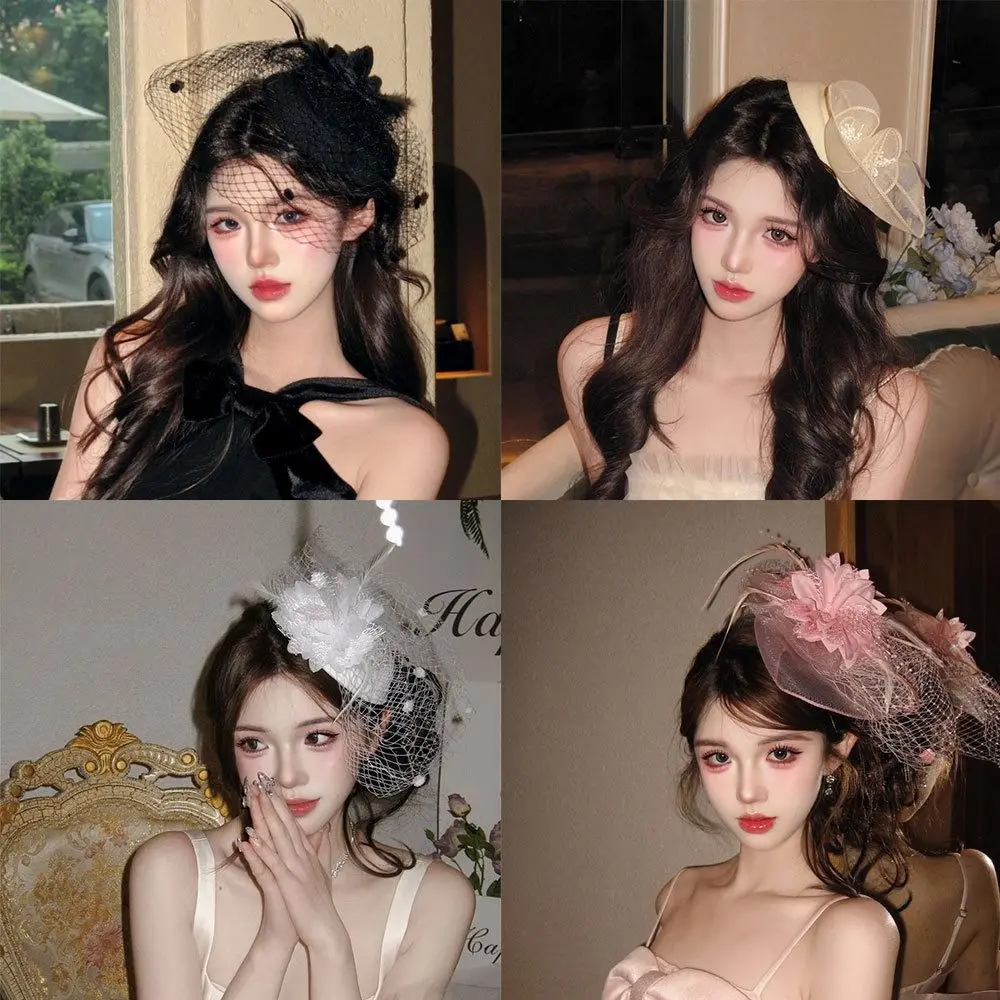 

Vintage Flower Feathers Fascinator Hat Sweet Exquisite Veil Hat Headwear Hairpin Elegant Funeral Headdress Hair Accessories