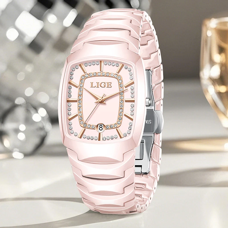 LIGE Creative Square Watch For Women Fashion Waterproof Date Women's Quartz Wristwatches Stainless Steel Sports Ladies Watches