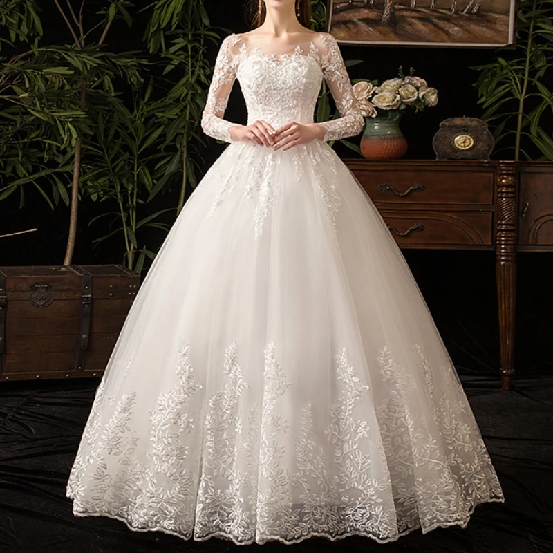 

Vintage Princess Bride Wedding Dresses Long Sleeve O-Neck Lace Applique Corset Bridal Gowns Robe De Mariee Vestido De Noiva