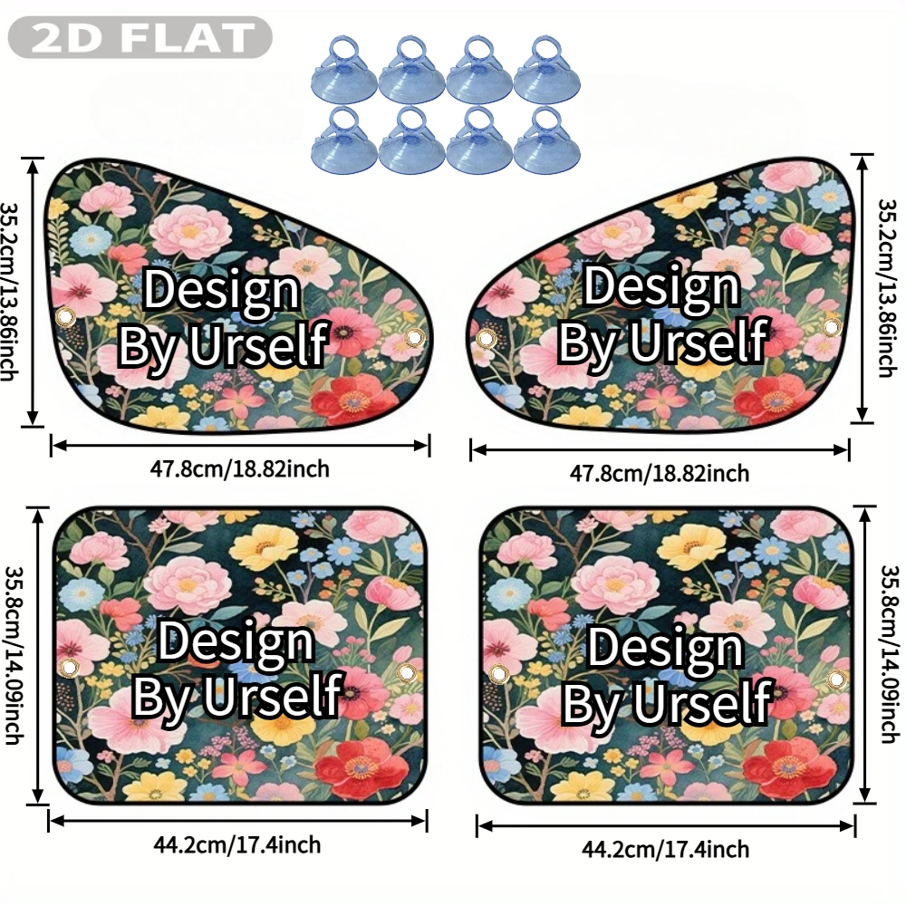 2D FLAT 2pcs/4pcs Custom Car Sunshade with Your Image/ Logo/ Design, Foldable Window Shade with 8 Suction Cups, Portable