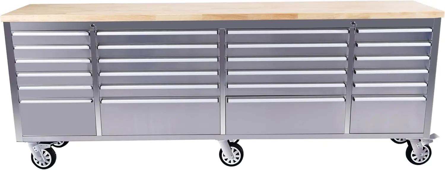 96-Inch Rolling Tool Chest with 24 Drawers – Solid Rubber Wood Top, Locking System with Keys, Mobile Workbench Cabinet for Garage & Workshop