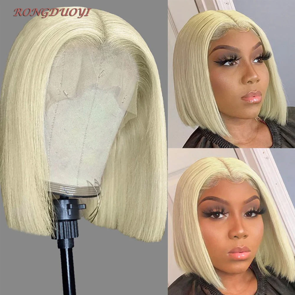 

RONGDUOYI Platinum Blonde Short Wig Bob Wigs For Women Synthetic Lace Front Wig High Temperature Heat Resistant Fiber Cosplay